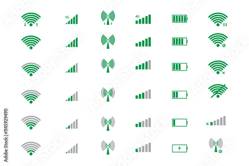 Digital Icons Representing Network, Signal, Battery, and WiFi Symbols
