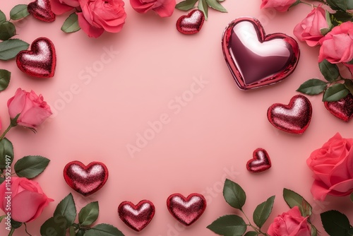 A romantic scene adorned with lush red roses and delicate hearts, set against a soft pink backdrop, perfect for celebrating love on Valentine's Day.