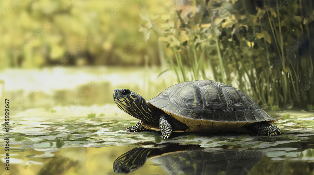 Obraz premium turtle resting on grass by serene pond, surrounded by greenery