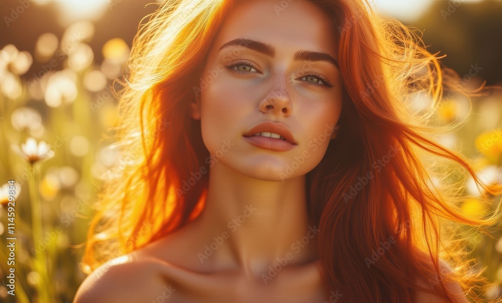 Radiant woman with red hair in a meadow Radiant woman with red hair in a meadow