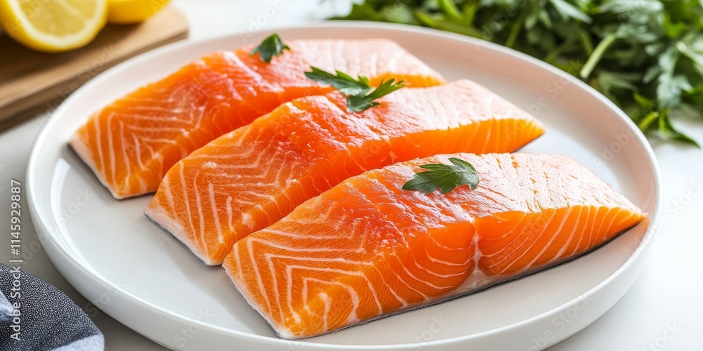 Raw salmon fillet presented on a clean white plate, showcasing the vibrant color and texture of the raw salmon fillet. Ideal for culinary or food photography featuring raw salmon fillet. Raw salmon fillet presented on a clean white plate, showcasing the vibrant color and texture of the raw salmon fillet. Ideal for culinary or food photography featuring raw salmon fillet.