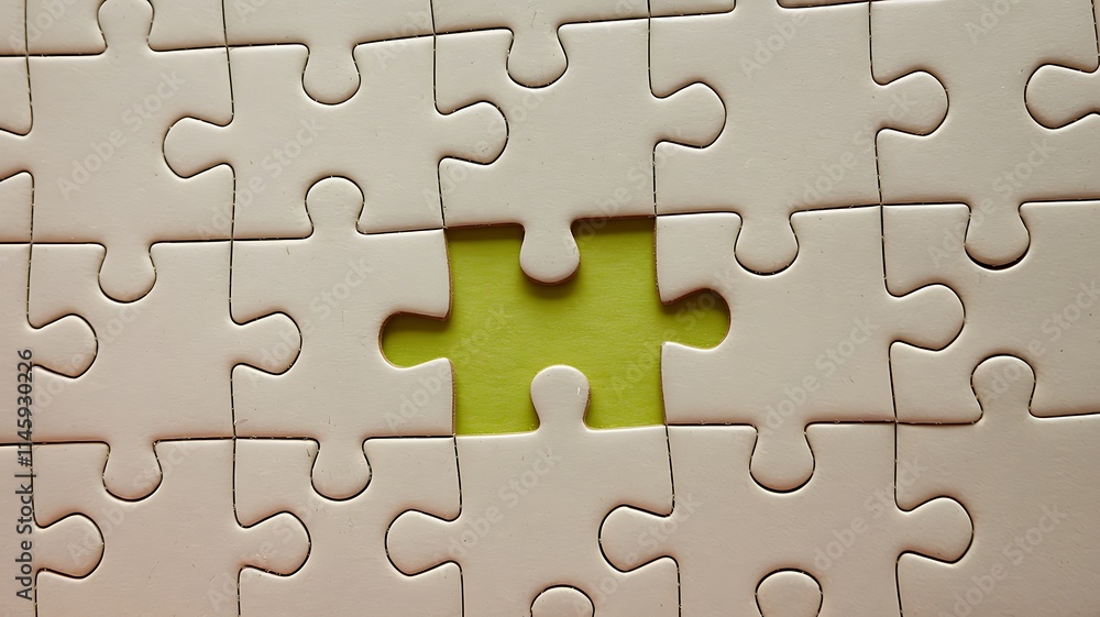 Close-Up of Pale Blue Jigsaw Puzzle with Missing Bright Yellow Piece at Center, Featuring Scattered Pattern on Light Gray Background for a Clean, Modern Aesthetic Close-Up of Pale Blue Jigsaw Puzzle with Missing Bright Yellow Piece at Center, Featuring Scattered Pattern on Light Gray Background for a Clean, Modern Aesthetic