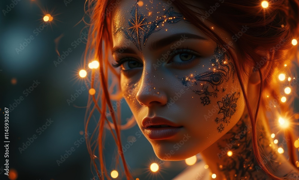 Woman with intricate face art and lights Woman with intricate face art and lights