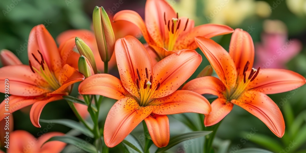 Vibrant orange Asiatic hybrids bloom on the flower farm, symbolizing hilarity and brightness in love. These stunning orange lilies bring joy and beauty to any garden or floral arrangement. Vibrant orange Asiatic hybrids bloom on the flower farm, symbolizing hilarity and brightness in love. These stunning orange lilies bring joy and beauty to any garden or floral arrangement.