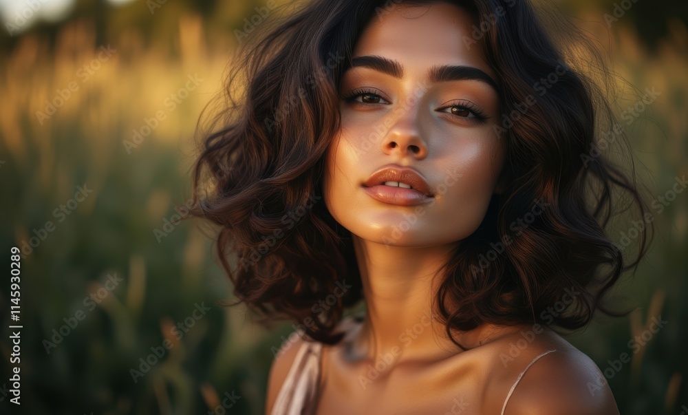 Young woman with curly hair in a field Young woman with curly hair in a field