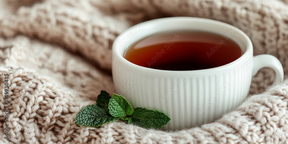 A cozy scene featuring a white cup of black tea with mint resting on a warm and soft jumper, perfect for enjoying black tea during a cold winter day in a vintage setting. A cozy scene featuring a white cup of black tea with mint resting on a warm and soft jumper, perfect for enjoying black tea during a cold winter day in a vintage setting.