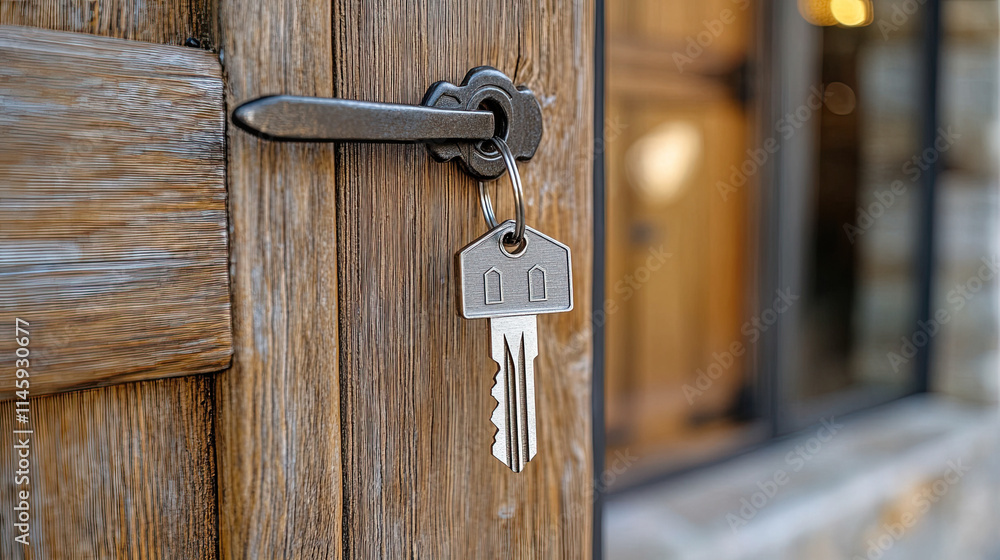 With a key and a keychain shaped like_a house With a key and a keychain shaped like_a house