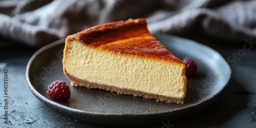 Slice of Basque style cheesecake showcasing a delicious piece of Basque style cheesecake, highlighting its rich texture and caramelized top, perfect for dessert lovers of Basque style cheesecake. photo