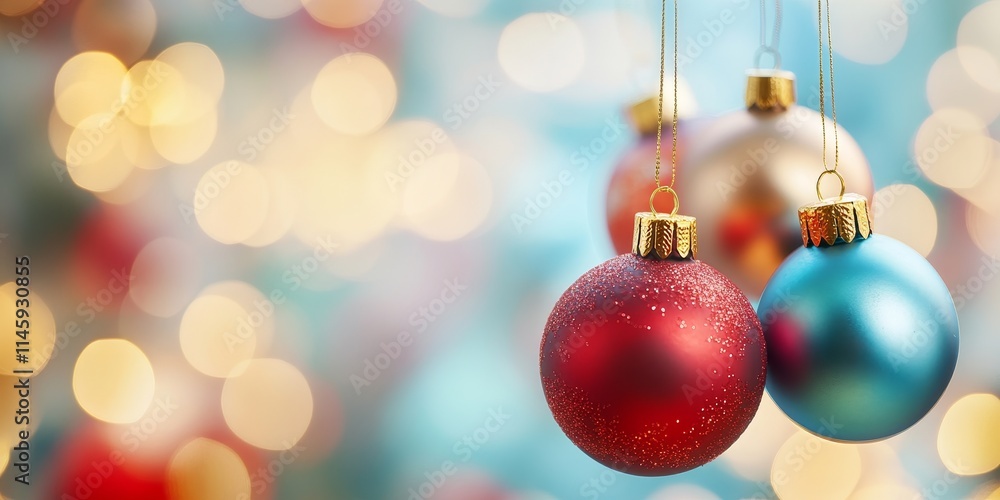 Christmas ornaments displayed against an abstract blurred background, featuring vibrant colors and ample copy space, ideal for showcasing festive themes and capturing the essence of Christmas. Christmas ornaments displayed against an abstract blurred background, featuring vibrant colors and ample copy space, ideal for showcasing festive themes and capturing the essence of Christmas.