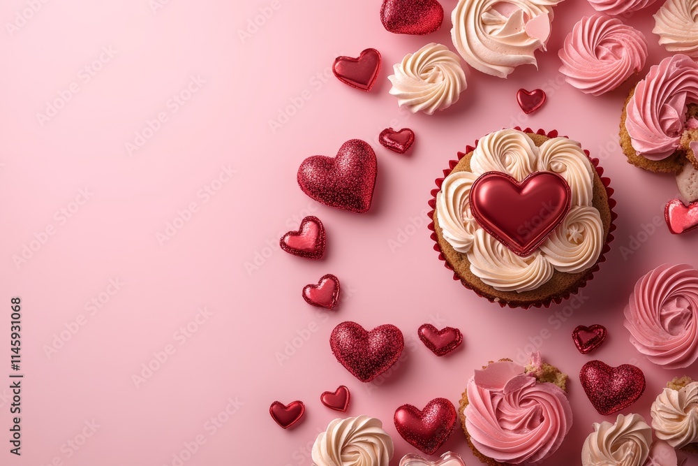 Delight in a whimsical display of heart-topped cupcakes, set against a charming pink backdrop, perfect for celebrating love on Valentine's Day. Delight in a whimsical display of heart-topped cupcakes, set against a charming pink backdrop, perfect for celebrating love on Valentine's Day.