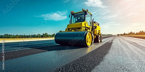 A robust road roller is operating on an asphalt site, laying down the surface for a new highway. The scene is presented in a landscape orientation.