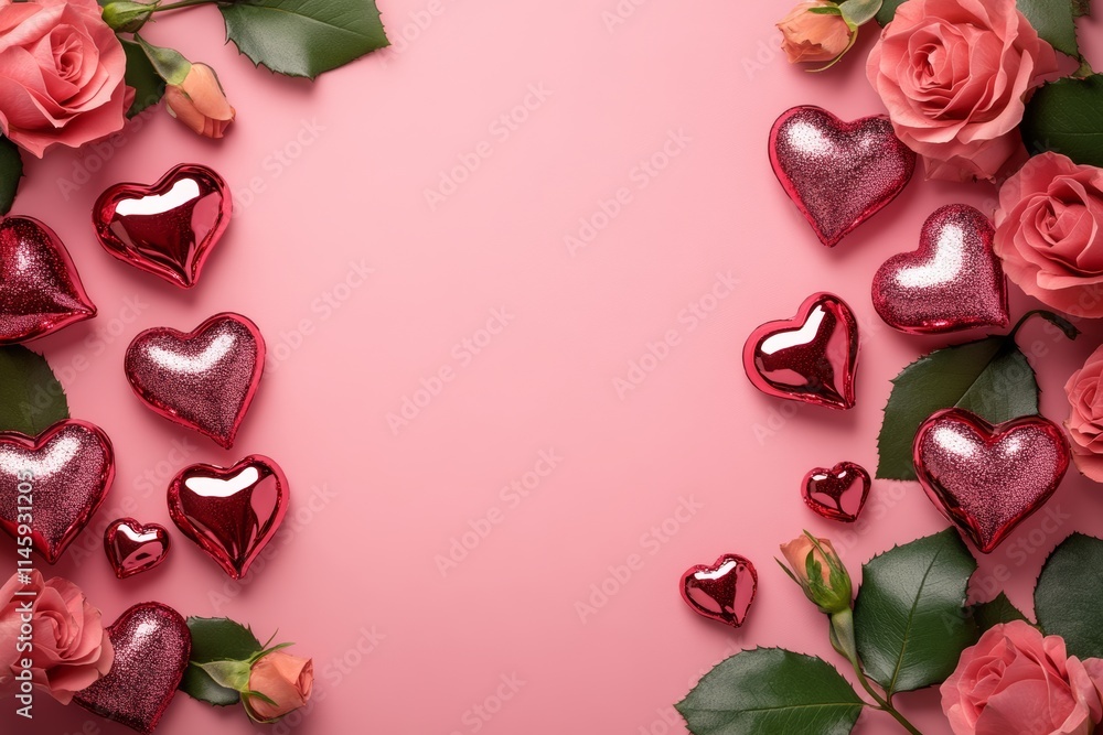 Fototapeta premium A whimsical display of vibrant roses and delicate hearts dances on a soft pink canvas, embodying the essence of love and romance for Valentine's Day.