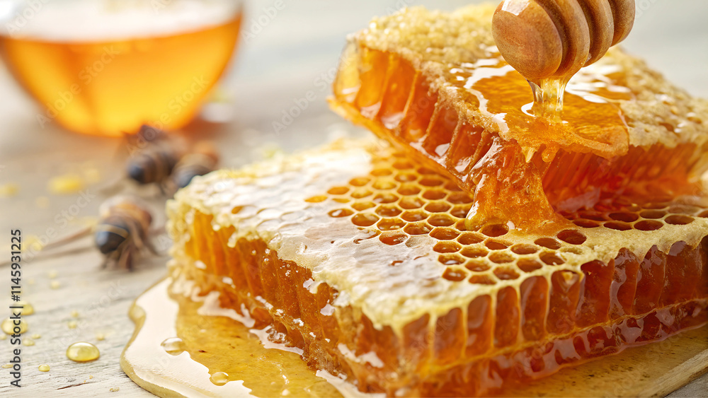 Honeycomb with fresh honey and honey dipper Honeycomb with fresh honey and honey dipper
