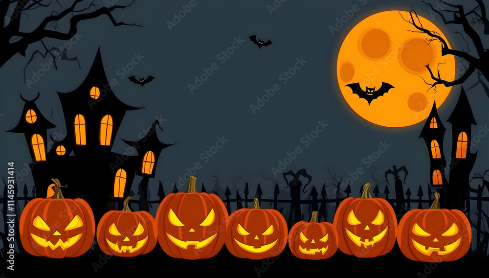 Spooky Halloween Scene with Pumpkins and a Haunted Castle Spooky Halloween Scene with Pumpkins and a Haunted Castle