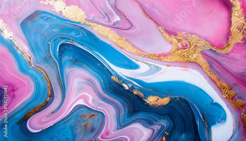 Pink and blue marble liquid texture with gold splashes, Generated image photo