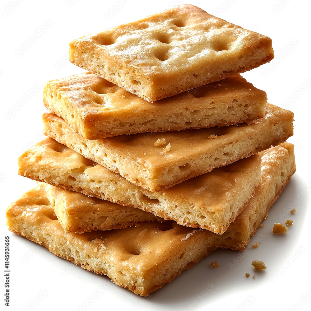 Stack of golden-brown, square crackers with slightly textured surface and visible holes.