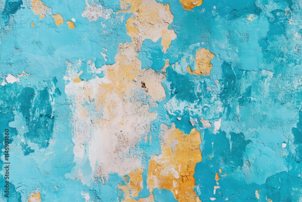 Seamless textured wall with peeling paint in shades of turquoise, white, and orange. The surface shows a mix of colors and patterns, creating an abstract and artistic appearance. Seamless textured wall with peeling paint in shades of turquoise, white, and orange. The surface shows a mix of colors and patterns, creating an abstract and artistic appearance.