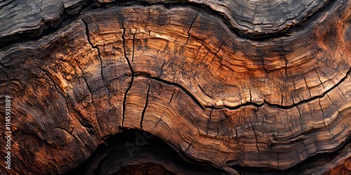 Close up texture showcasing the grunge and weathered features of a tree trunk s cross section, highlighting the unique patterns and details of the bark and wood layers. photo