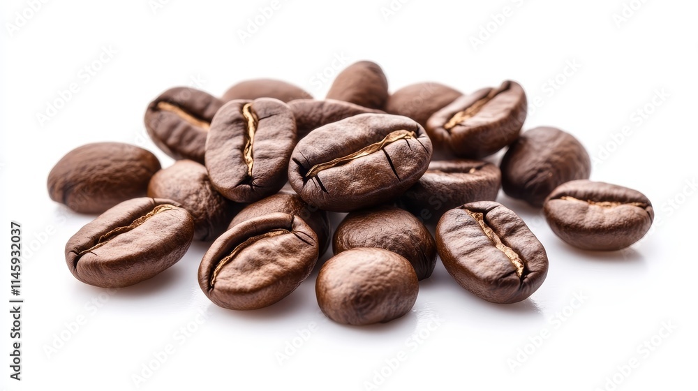 Roasted coffee beans isolated on a white background showcase a pile of rich, aromatic coffee beans from a top view. Discover the beauty of coffee beans in every detail. Roasted coffee beans isolated on a white background showcase a pile of rich, aromatic coffee beans from a top view. Discover the beauty of coffee beans in every detail.