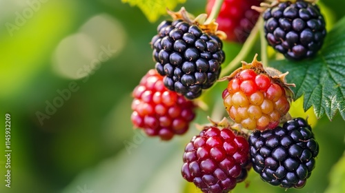 Wallpaper Mural Close up of a group showcasing both ripe and unripe blackberries on a bush, highlighting the rich texture and vibrant colors of blackberries in various stages of ripeness. Torontodigital.ca