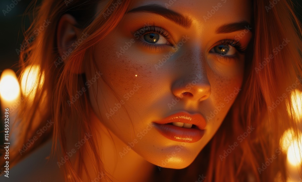 Freckled woman with glowing skin in candlelight Freckled woman with glowing skin in candlelight