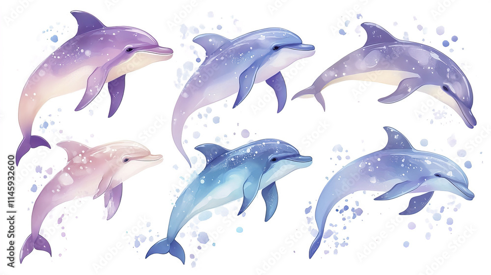 Colorful dolphin illustrations showcasing playful marine life Colorful dolphin illustrations showcasing playful marine life