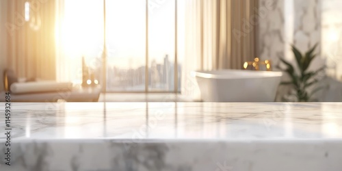 Empty marble table top featuring a blurred bathroom interior background, creating a serene atmosphere where the marble table top stands out as a focal point in the setting.