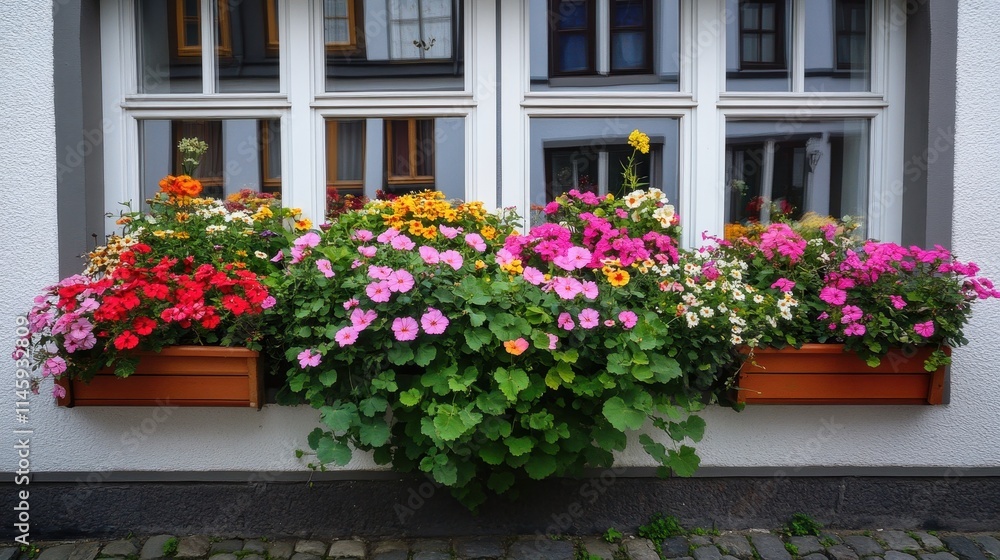 Fototapeta premium Vibrant Window Box Flowers in a Charming European Setting