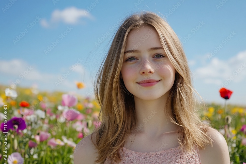 A young woman smiling in a colorful flower field under a blue sky. A young woman smiling in a colorful flower field under a blue sky.