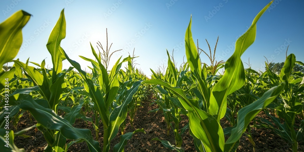 Close up view of corn in a field under a clear blue sky, showcasing the vibrant corn and the beauty of nature s landscape with a focus on the corn s growth and surroundings. Close up view of corn in a field under a clear blue sky, showcasing the vibrant corn and the beauty of nature s landscape with a focus on the corn s growth and surroundings.