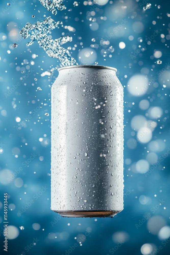 white soda can floating in the air on blue background, product, for logo and design, mock up, mockup white soda can floating in the air on blue background, product, for logo and design, mock up, mockup