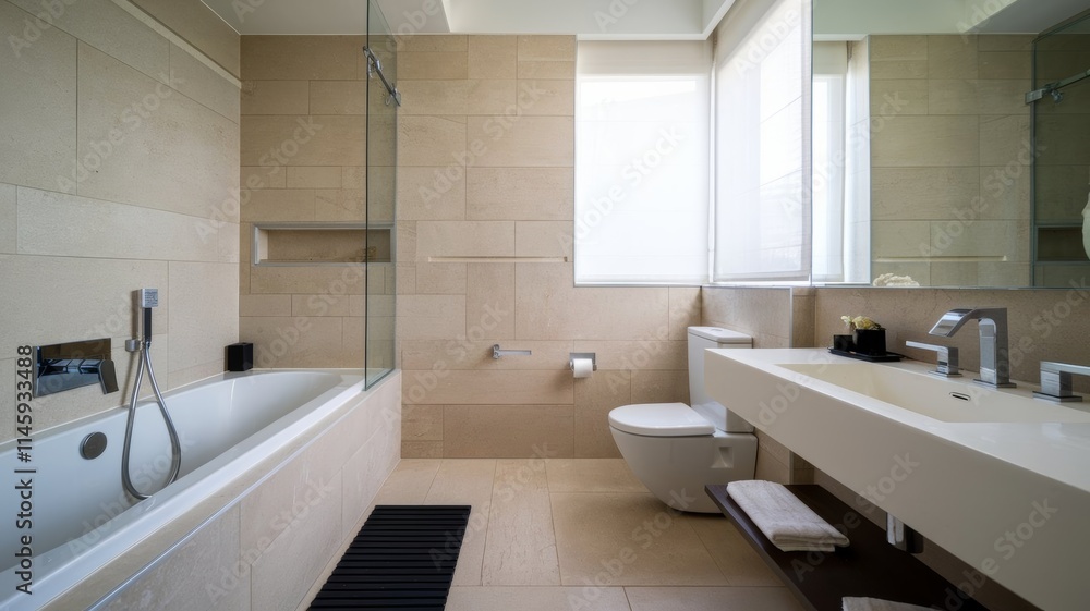 Scandinavian bathroom, white minimalist interior design. Scandinavian bathroom, white minimalist interior design.
