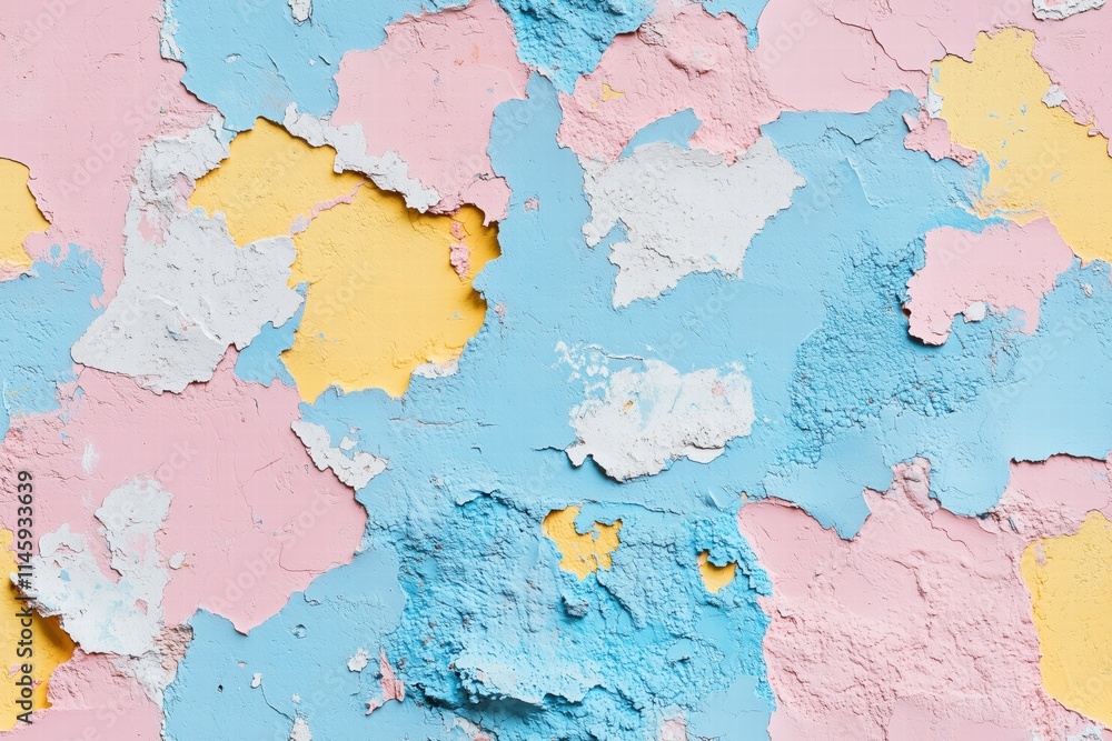 Obraz premium Seamless textured wall with peeling paint in pastel colors including pink, blue, yellow, and white. The layers of paint create an abstract pattern, showcasing a mix of colors and textures.