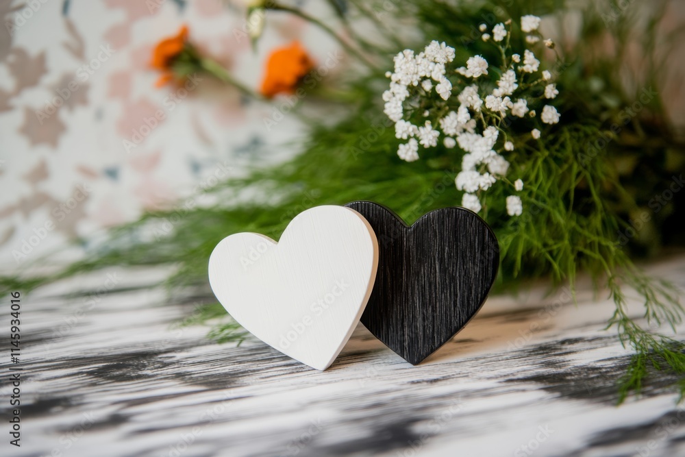 Two rustic wooden hearts rest gracefully on a table adorned with fresh flowers, capturing the essence of love and romance on Valentine's Day. Two rustic wooden hearts rest gracefully on a table adorned with fresh flowers, capturing the essence of love and romance on Valentine's Day.