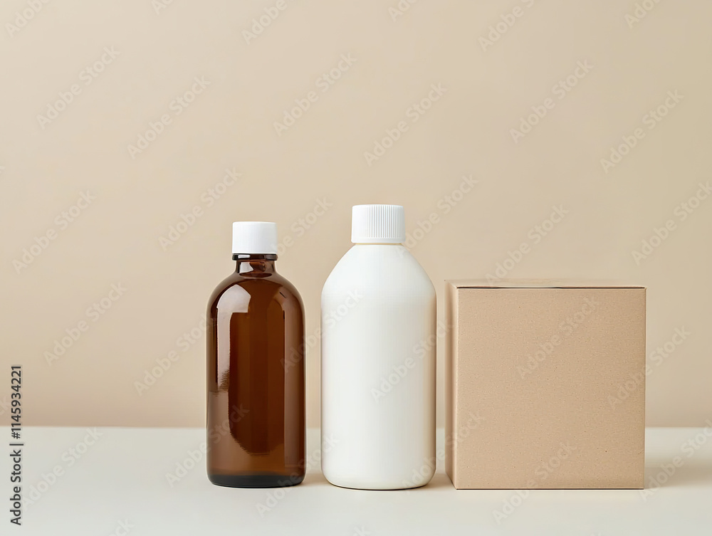 Minimalist composition of eco friendly bottles and cardboard box on beige background Minimalist composition of eco friendly bottles and cardboard box on beige background