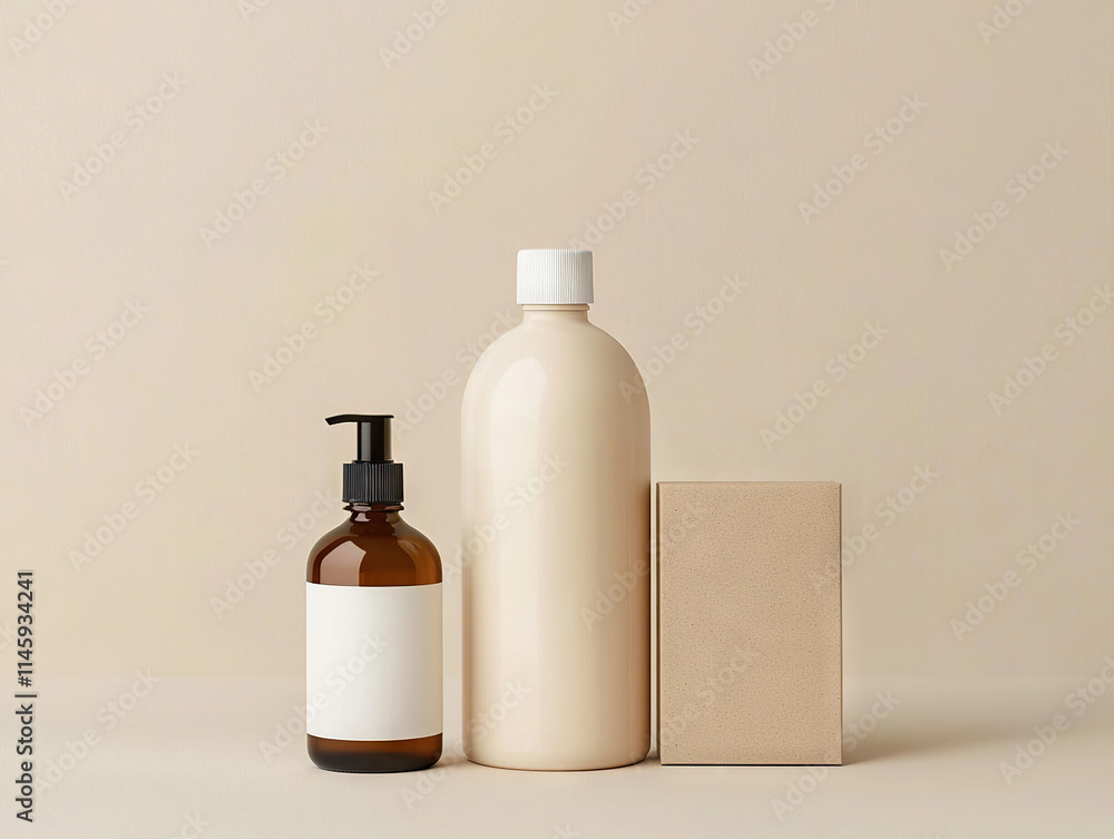 Eco friendly bottles and box on neutral background symbolize sustainable packaging Eco friendly bottles and box on neutral background symbolize sustainable packaging