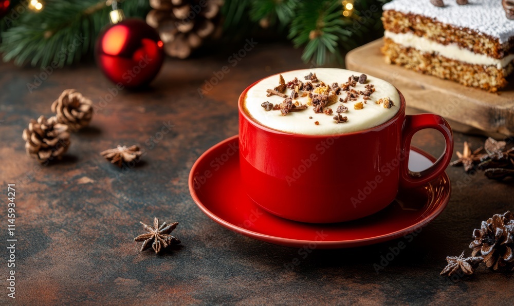 Piece of cake on wooden board with red coffee cup and Christmas decorations around, holiday food concept Piece of cake on wooden board with red coffee cup and Christmas decorations around, holiday food concept
