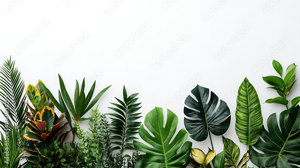 Fototapeta premium A minimalist arrangement of pathway plants with vibrant foliage, placed against a clean white background 