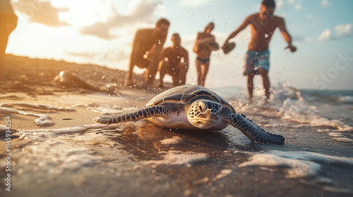 sea turtle is released by volunteers on sandy beach at sunset