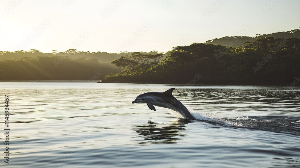 Fototapeta premium Dolphin jumping over calm water at sunset in serene landscape