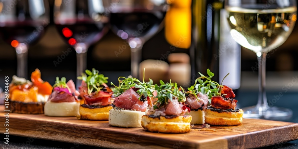 Elegant canapes paired with fine wine create a delightful dining experience in a restaurant setting, highlighting the exquisite combination of canapes and wine for culinary enjoyment. Elegant canapes paired with fine wine create a delightful dining experience in a restaurant setting, highlighting the exquisite combination of canapes and wine for culinary enjoyment.