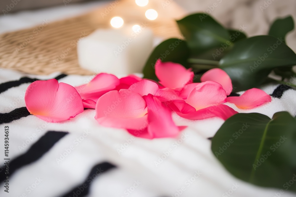 A romantic scene unfolds with pink flowers and lush leaves adorning a cozy bed, illuminated by the soft glow of a flickering candle. A romantic scene unfolds with pink flowers and lush leaves adorning a cozy bed, illuminated by the soft glow of a flickering candle.