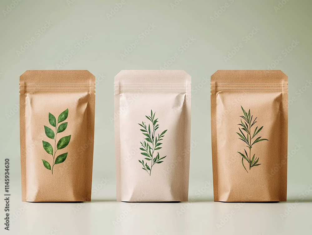 Fototapeta premium Eco friendly kraft paper pouches with plant designs symbolize sustainable packaging