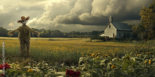 Distant view of a scarecrow in a farm setting, showcasing the scarecrow s design and its role in the field, emphasizing the scarecrow s presence in agricultural landscapes. photo