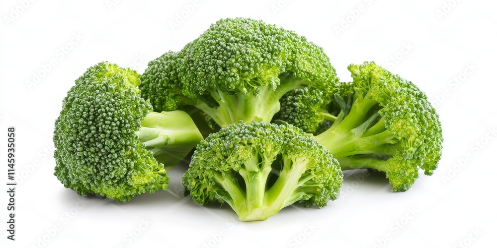Fresh green broccoli displayed on a clean white background, highlighting the vibrant green color of the broccoli, perfect for showcasing the nutritional benefits of broccoli in various designs. Fresh green broccoli displayed on a clean white background, highlighting the vibrant green color of the broccoli, perfect for showcasing the nutritional benefits of broccoli in various designs.