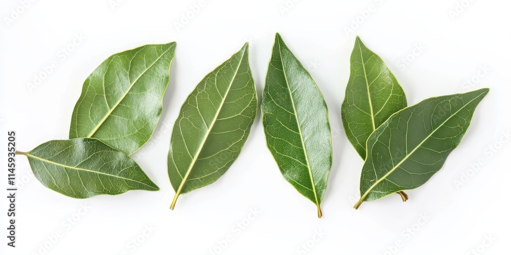 Fototapeta premium Fresh bay leaves displayed in isolation on a white background, highlighting the vibrant green color and unique texture of fresh bay leaves for culinary and decorative purposes.