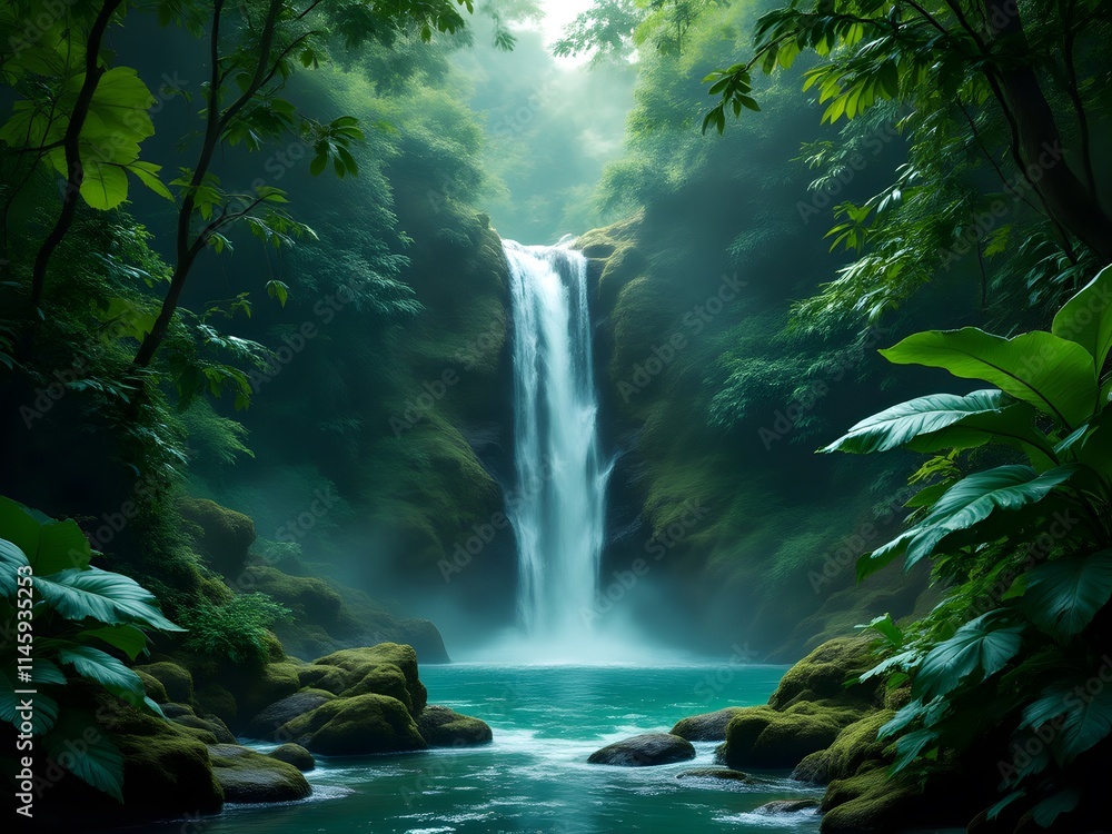 Serene Waterfall Cascading Through Lush Rainforest Serene Waterfall Cascading Through Lush Rainforest