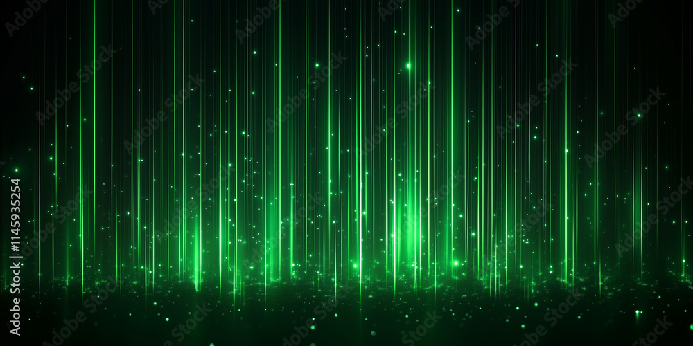 Emerald Energy Cascade: A mesmerizing display of green light beams and particles cascading down a dark, futuristic landscape Emerald Energy Cascade: A mesmerizing display of green light beams and particles cascading down a dark, futuristic landscape