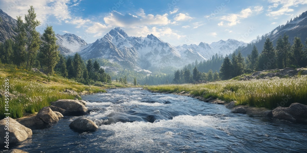 Fototapeta premium Fast flowing river meanders through stunning mountainous landscapes, showcasing the natural beauty of a fast flowing river environment in a serene and picturesque setting.