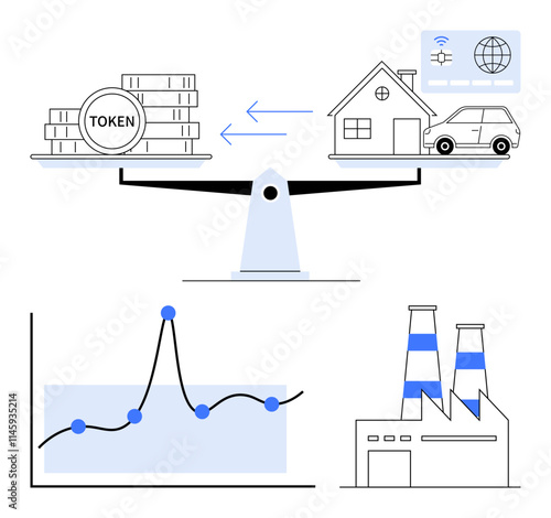Scales with tokens house car chart with fluctuating line factory with chimneys. Ideal for finance, technology, investment, real estate, economy, industry, innovation. Line metaphor